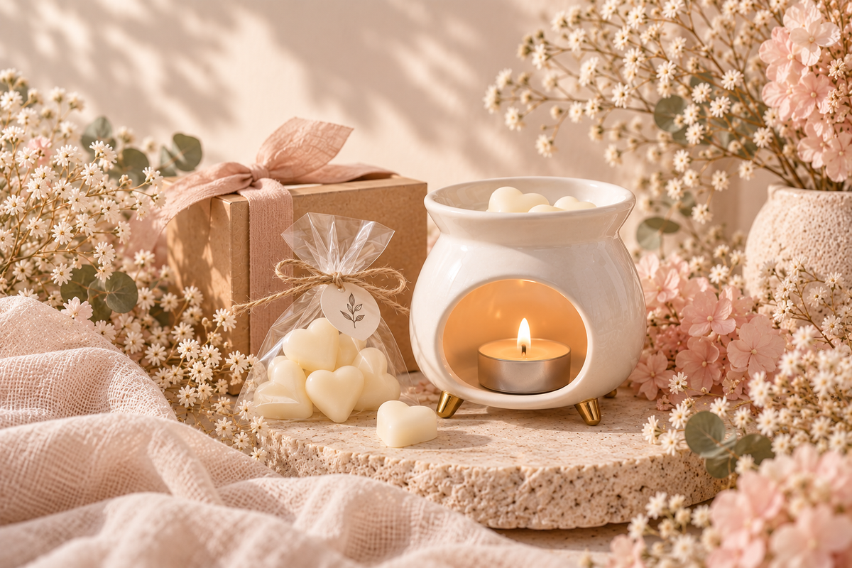 Σετ δώρου με καυστήρα, αρωματικά wax melts και συσκευασία δώρου σε λουλουδάτο φόντο