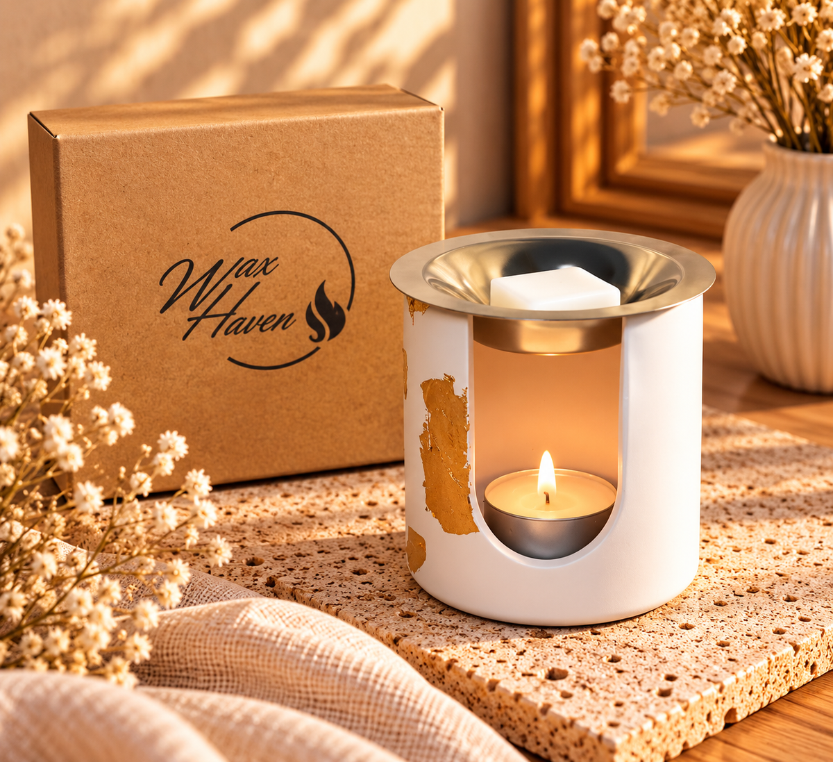 Arcadia Melter λευκός καυστήρας wax melts με χρυσές λεπτομέρειες και αναμμένο ρεσό
