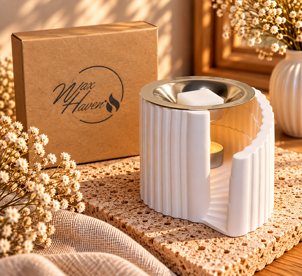 Stairway Melter λευκός ανάγλυφος καυστήρας wax melts με μεταλλικό πιατάκι και κεράκι ρεσώ