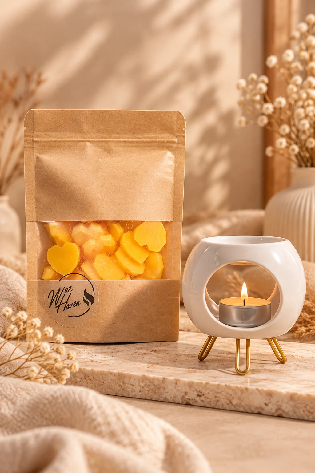 Σετ δώρου Wax Haven με λευκό κεραμικό καυστήρα σε χρυσά ποδαράκια και κίτρινα αρωματικά wax melts 100 γρ. σε kraft συσκευασία